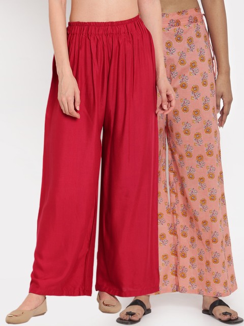 

TAG 7 Women Red & Peach Pack of 2 Printed Flared Palazzos