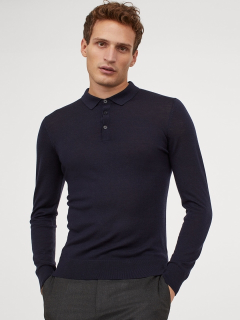 

H&M Men Blue Wool Polo Shirt Muscle Fit