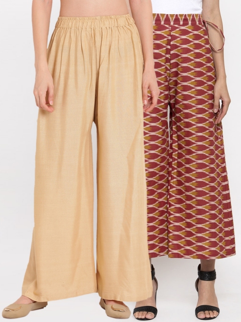 

TAG 7 Women Beige & Red Striped Flared Palazzos