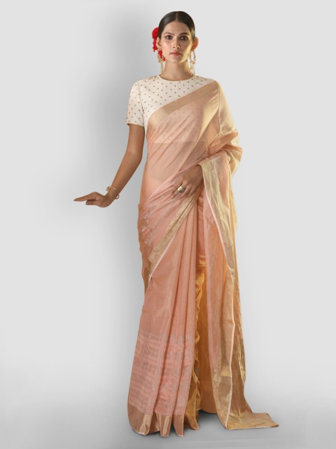 

Aryavart Peach-Coloured Silk Cotton Woven Design Chanderi Saree