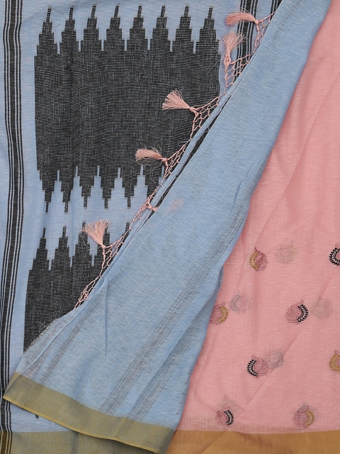 

Pothys Pink & Grey Linen Blend Embroidered Saree
