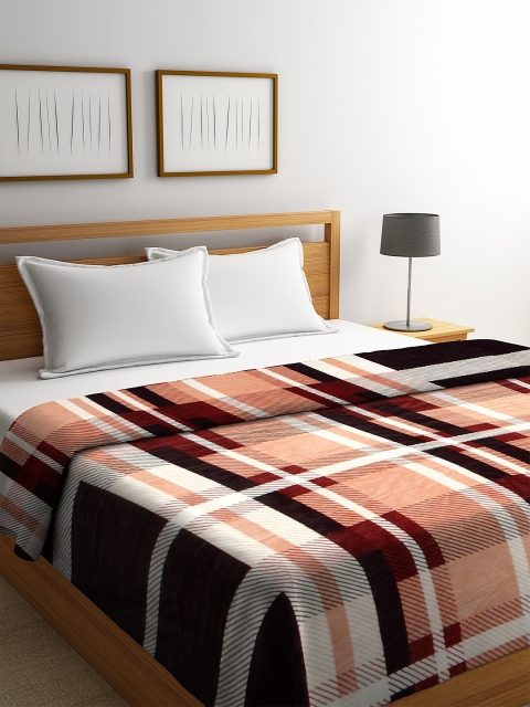 

NEUDIS Peach-Coloured & Black Checked AC Room 233 GSM Double Bed Blanket