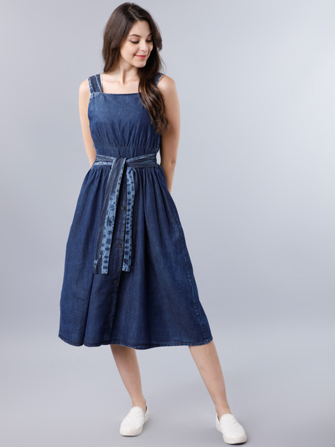

Tokyo Talkies Women Navy Blue Solid Denim Fit and Flare Dress