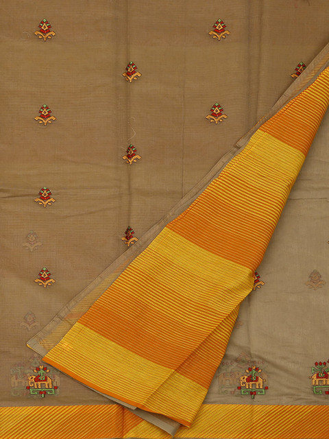 

Pothys Cream-Coloured & Yellow Supernet Embroidered Saree