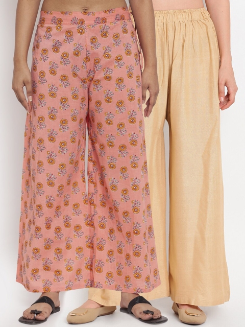 

TAG 7 Women Beige & Pink Printed Wide Leg Palazzos