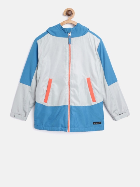 

Cherry Crumble Kids Grey & Blue Colourblocked Hooded Bomber Jacket