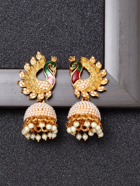 

Ibtida Gold-Plated & White Peacock Shaped Jhumkas