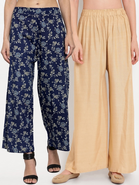 

TAG 7 Women Navy Blue & Beige Pack of 2 Printed Flared Palazzos