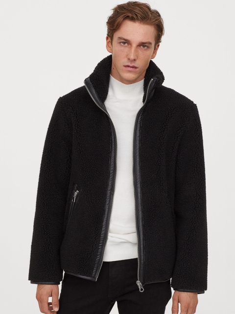 

H&M Men Black Solid Faux Shearling Jacket