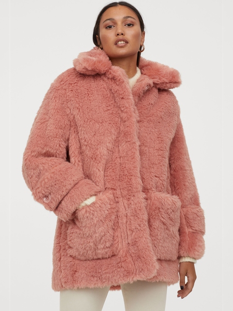 

H&M Women Pink Solid Faux Fur Jacket
