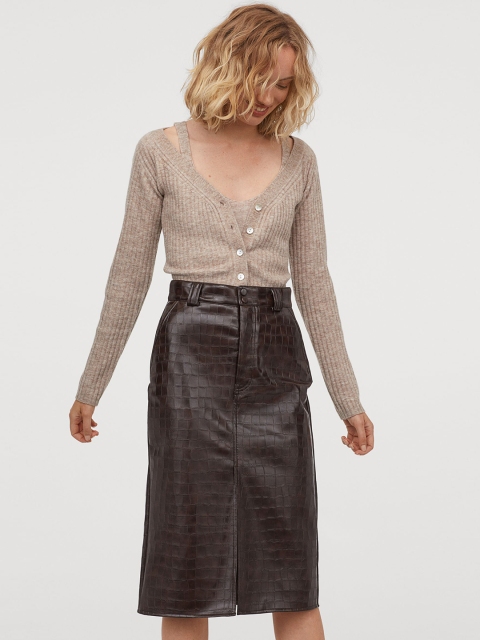 

H&M Women Brown Solid Imitation Leather Skirt