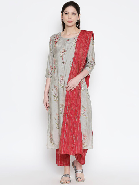 

ZRI Women Grey & Red Embroidered Kurta with Trousers & Dupatta