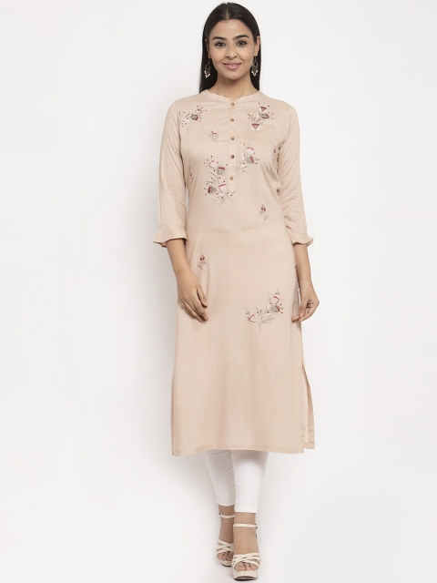

Aujjessa Women Beige Embroidered Straight Kurta