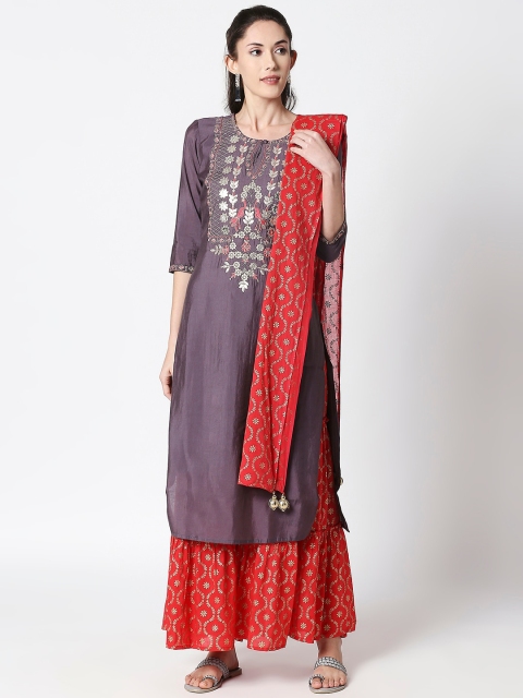 

ZRI Women Grey & Red Yoke Design Kurta with Sharara & Dupatta