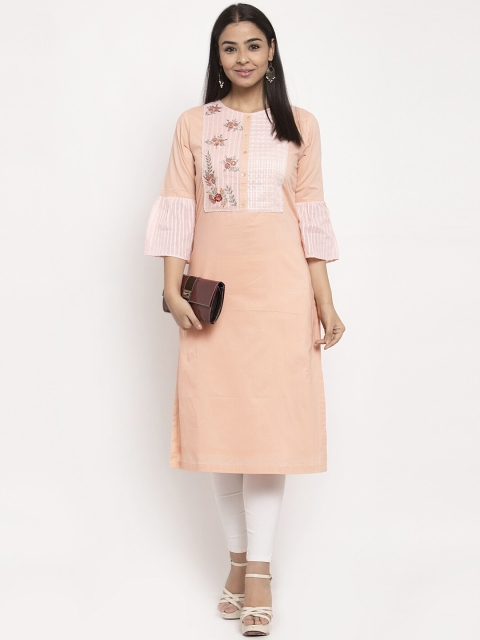 

Aujjessa Women Peach-Coloured & White Printed Straight Kurta