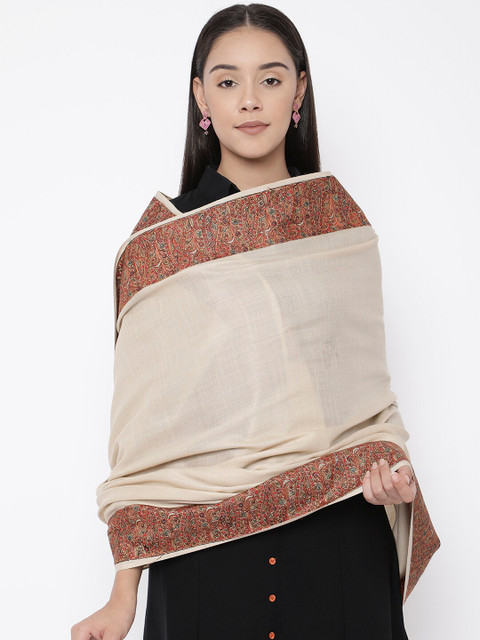 

Pashmoda Women Beige Embroidered Kashmiri Sozni Embroidered Woolmark Certified Shawl