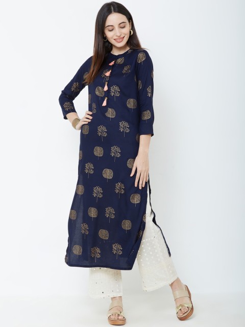 

FASHOR Women Navy Blue & Off-White Printed Kurta with Palazzos