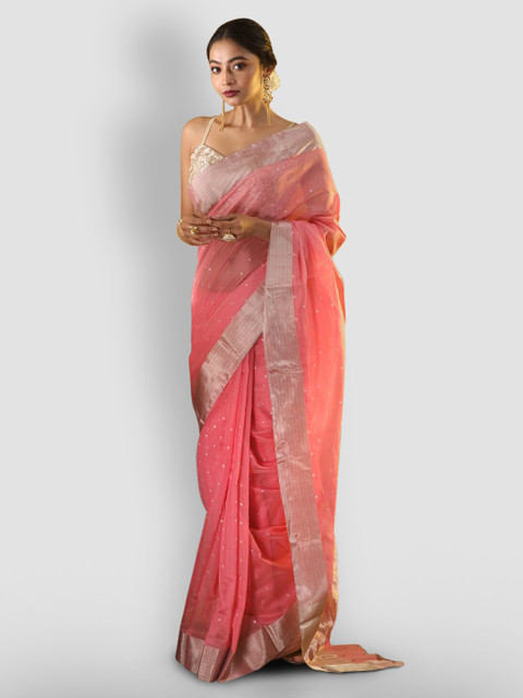 

Aryavart Pink & Silver-Toned Silk Cotton Woven Design Chanderi Saree