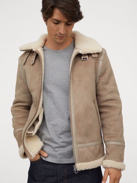 

H&M Men Beige Solid Pile-Lined Jacket