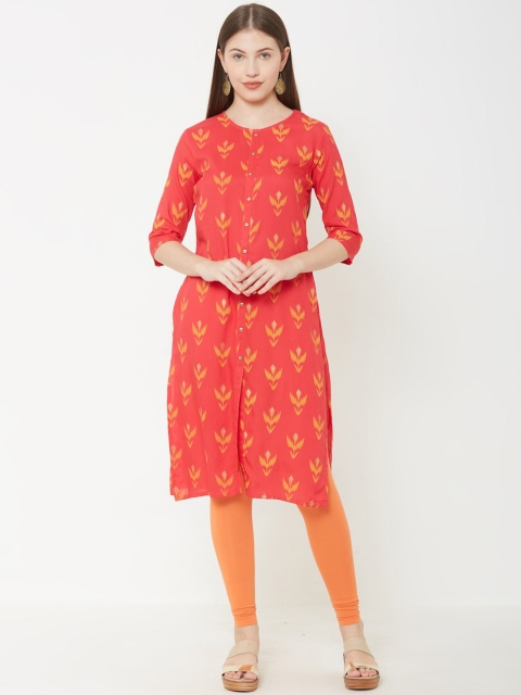 

FASHOR Women Peach-Coloured & Yellow Printed Straight Kurta