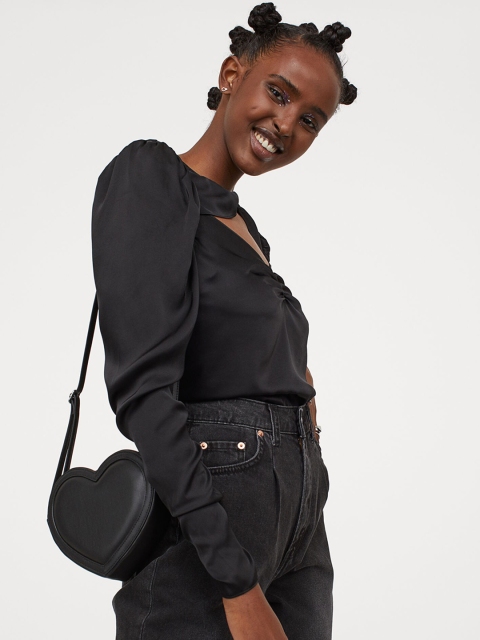

H&M Women Black Solid Draped Satin Blouse