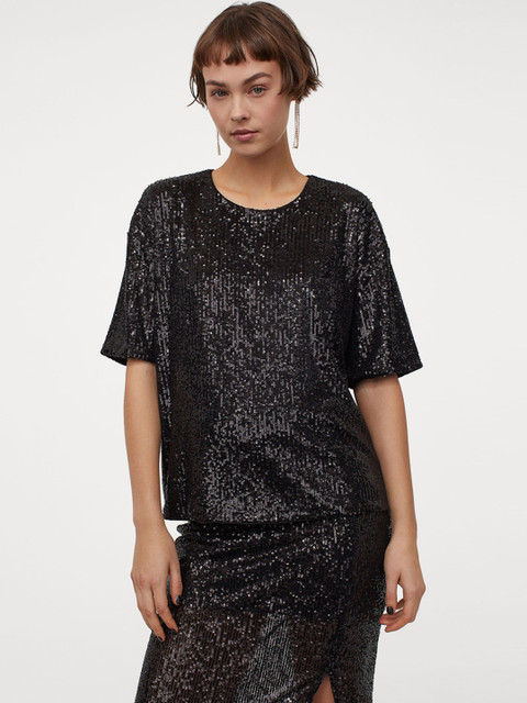 

H&M Women Black Sequined Top