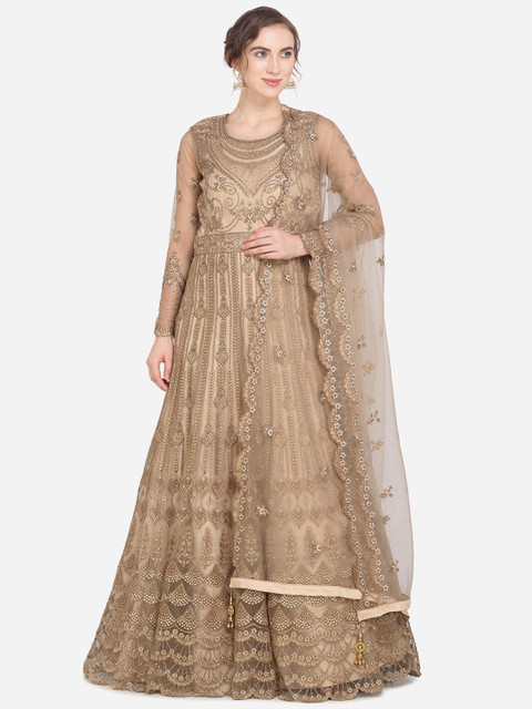 

Stylee LIFESTYLE Beige Net Semi-Stitched Dress Material