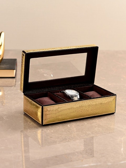 

Pure Home and Living Unisex Gold-Toned & Brown Croco Textured 3 Box Organiser