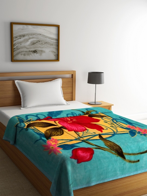 

NEUDIS Turquoise Blue & Yellow Floral Heavy Winter 720 GSM Single Bed Blanket