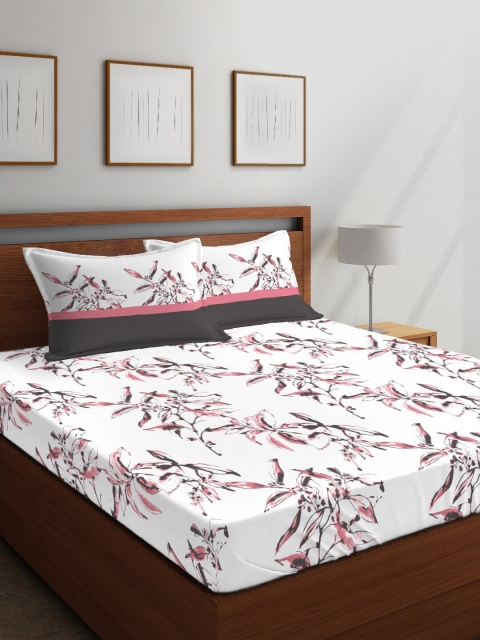 

Layers White & Pink Floral 144 TC Cotton 1 Queen Bedsheet with 2 Pillow Covers