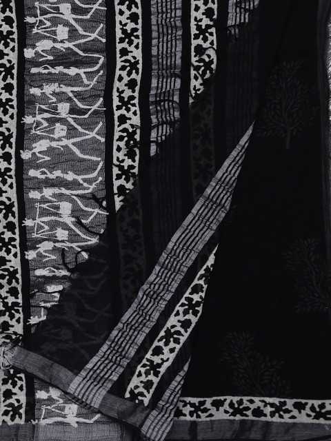 

Pothys Black & White Linen Blend Printed Saree