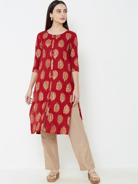 

FASHOR Women Red & Beige Self Design Kurta with Trousers