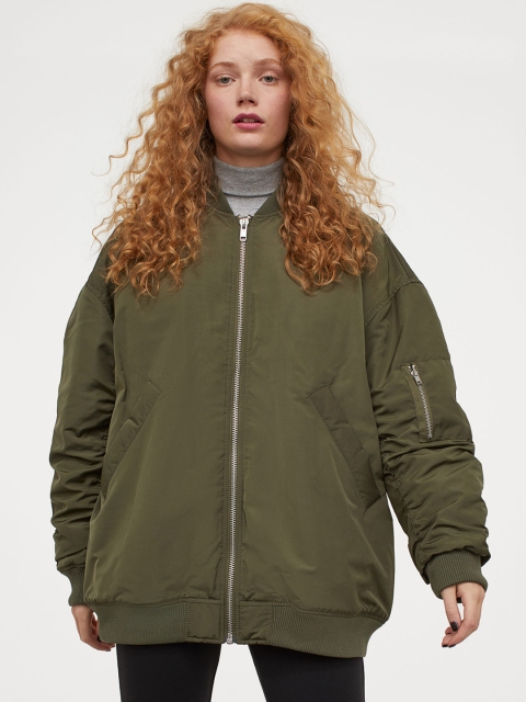 

H&M Women Green Solid Padded Bomber Jacket