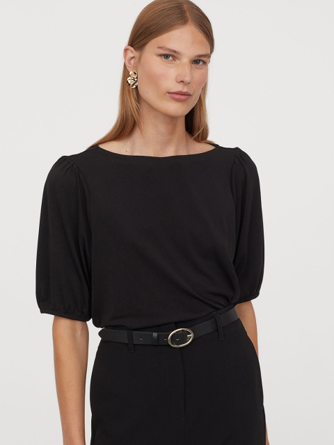 

H&M Women Black Solid Puff-Sleeved Boat-Neck Top
