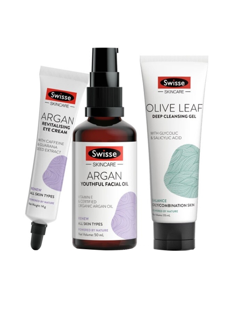 

Swisse Anti-Aging Combo- Argan Facial Oil, Argan Eye Cream & Olive Leaf Cleansing Gel, White