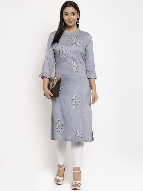 

Aujjessa Women Grey Embroidered Straight Kurta
