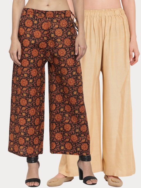 

TAG 7 Women Pack Of 2 Beige & Black Printed Flared Palazzos