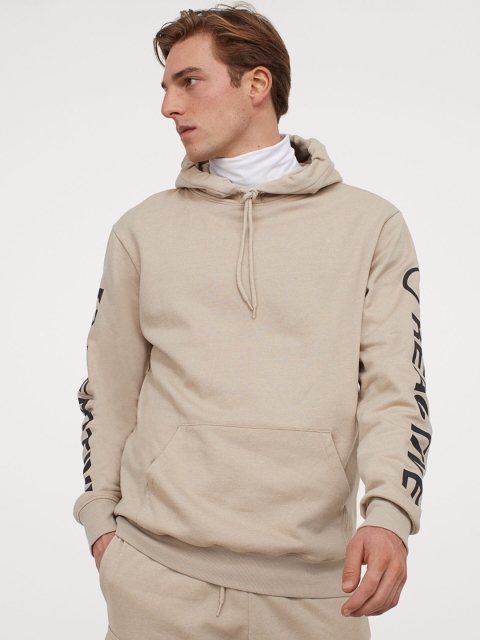 

H&M Men Beige Text-Print Hoodie
