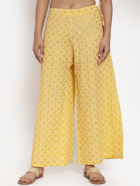 

TAG 7 Women Yellow & White Self Design Wide Leg Palazzos