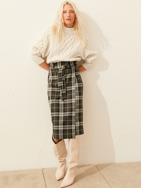 

H&M Women Green Checked Tie-Belt Wrapover Skirt