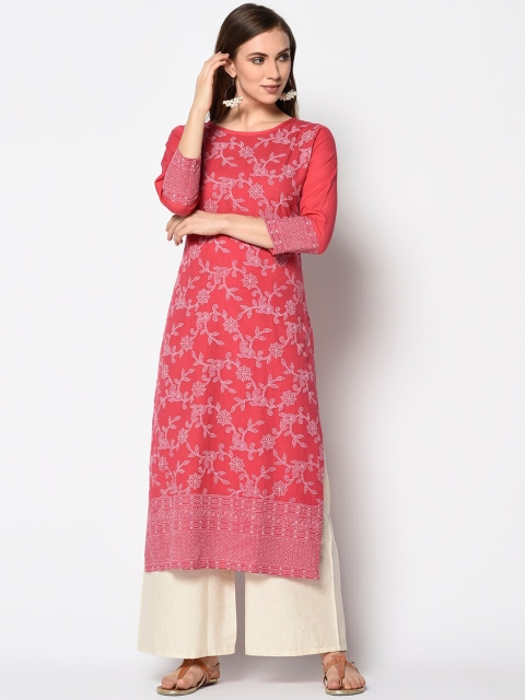 

Kvsfab Women Pink Printed Straight Kurta