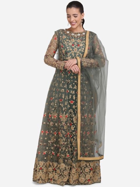 

Stylee LIFESTYLE Olive Green Net Semi-Stitched Dress Material