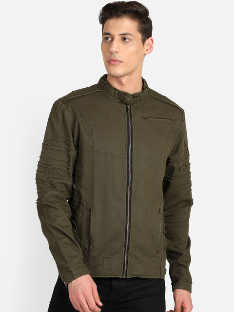 

PUNK Men Olive Green Solid Lightweight Bomber Jacket