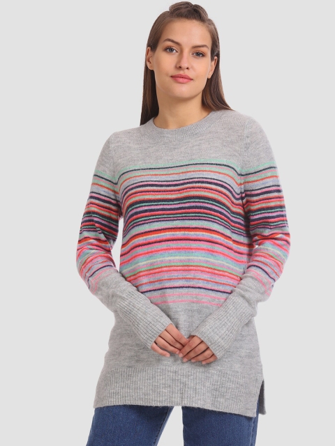 

GAP Women Grey Striped Pullover Sweater