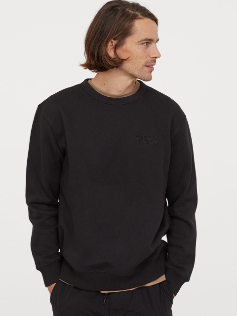 

H&M Men Black Solid Motif-Detail Sweatshirt