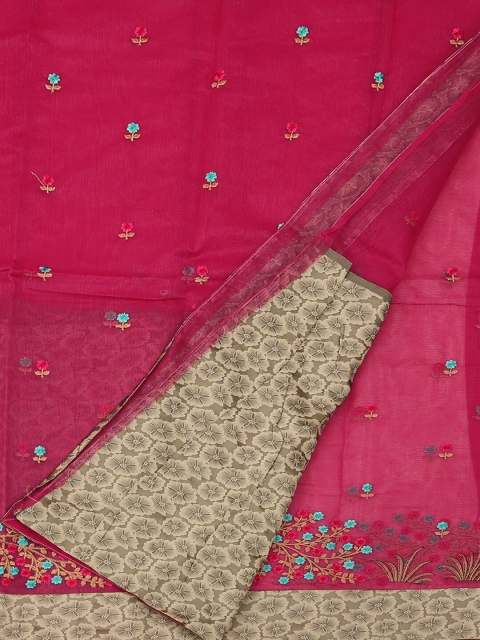 

Pothys Magenta & Cream-Coloured Supernet Embroidered Saree