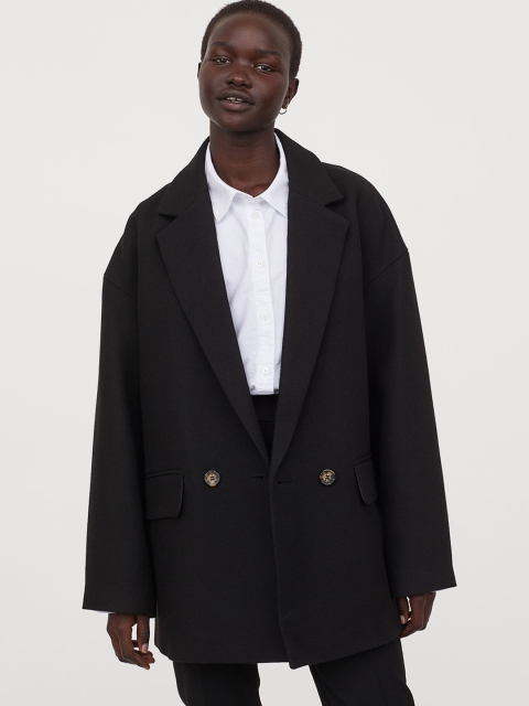

H&M Women Black Solid Double-Breasted Jacket