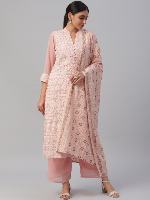 

Libas Women Pink & Off White Floral Embroidered A-Line Kurta & Palazzos with Dupatta