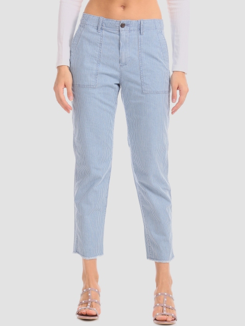 

GAP Women Blue High Rise Straight Striped Utility Pants