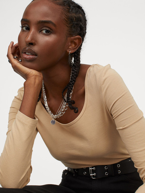 

H&M Women Beige Solid Cotton Jersey Top